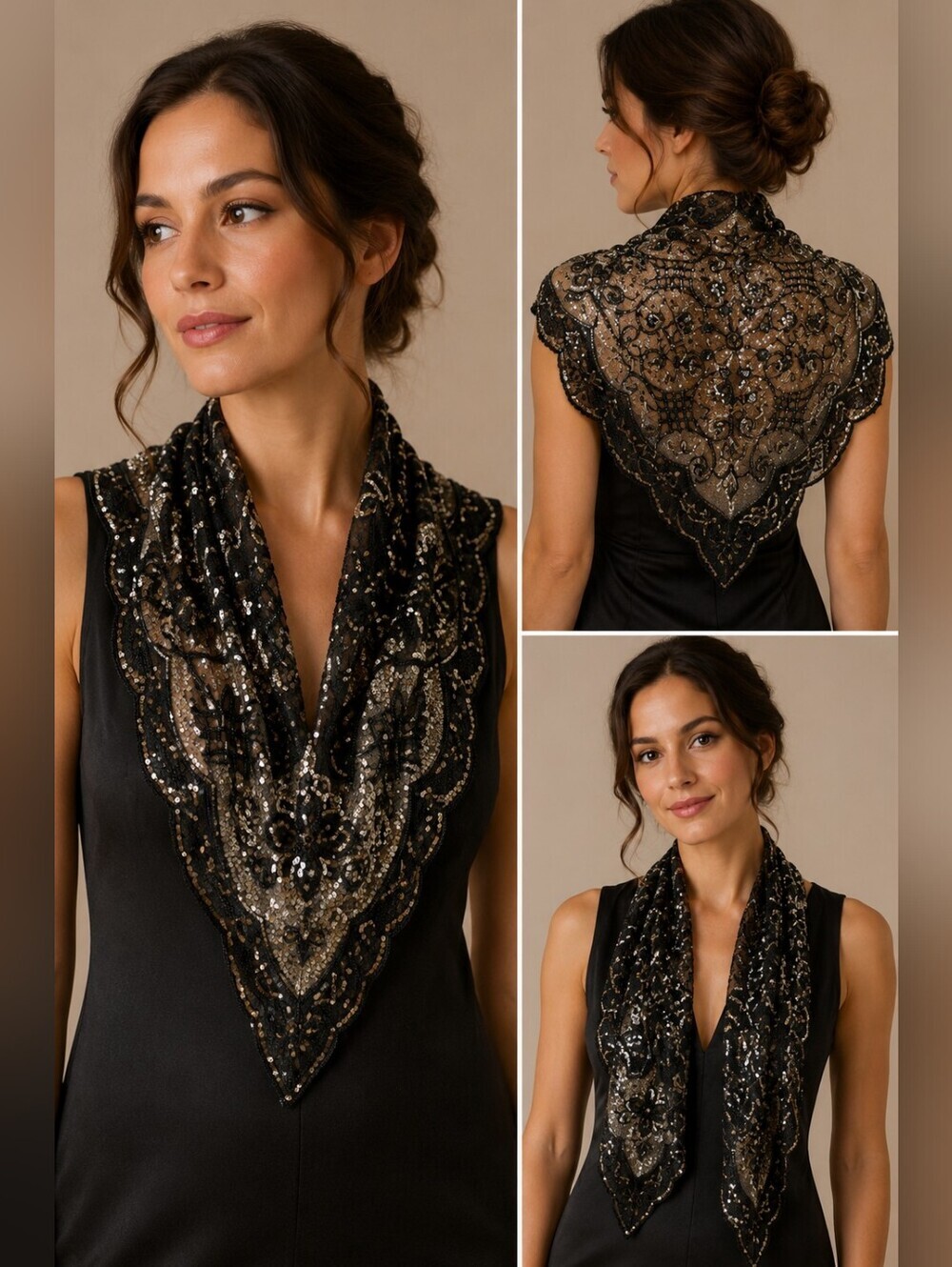 Antique 1920s Art Deco Flapper French Black Tulle Beaded Sequin Shawl